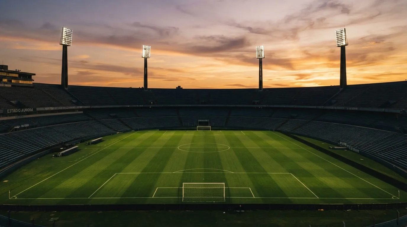 Un estadio de fútbol vacío con torres de iluminación al atardecer