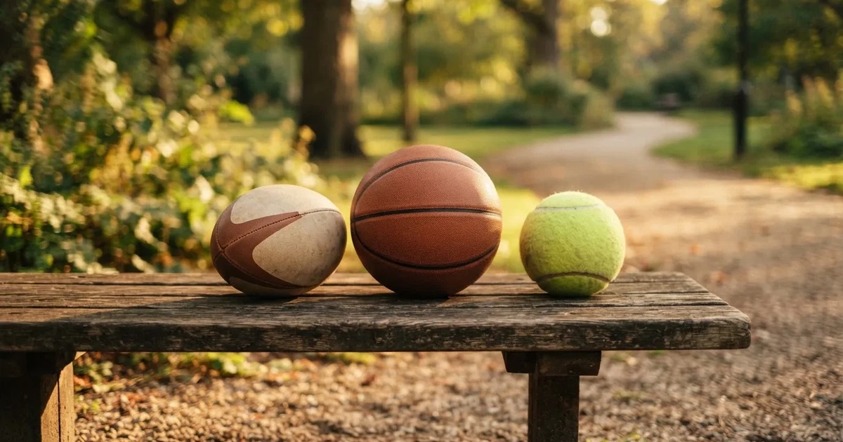 Tres balones de distintos tipos, uno junto a otro, sobre un banco de madera