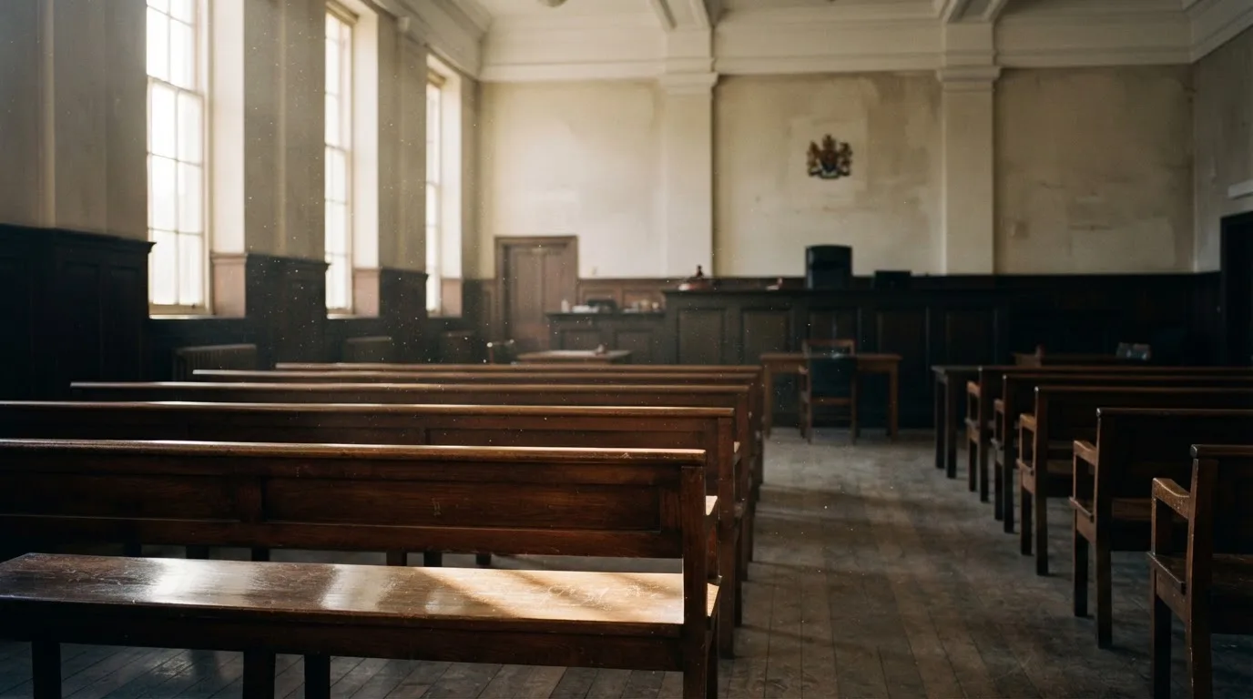 Una sala de tribunal vacía con bancos de madera a la luz de la mañana