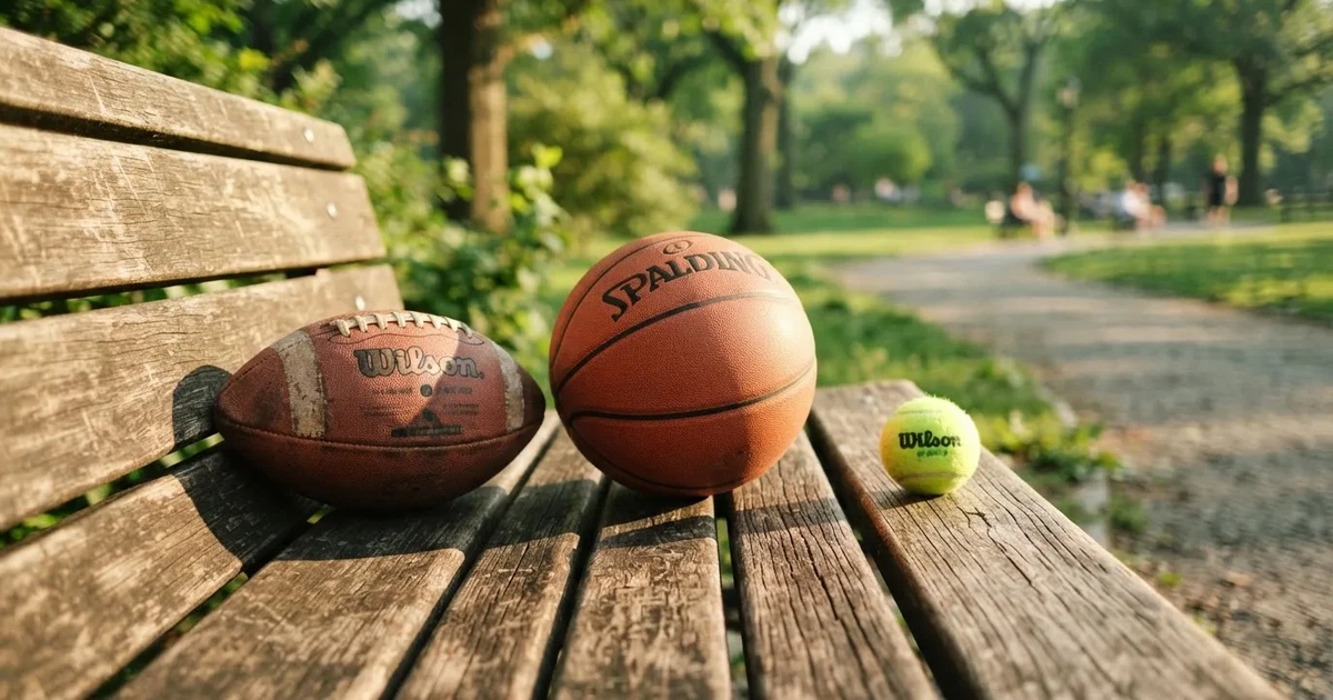 Tres balones de distintos tipos, uno junto a otro, sobre un banco de madera