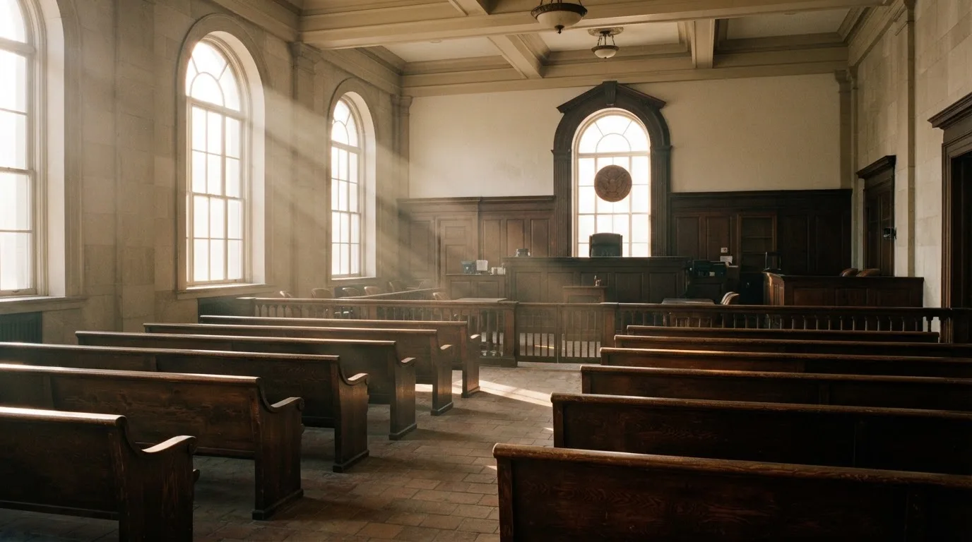 Una sala de tribunal vacía con bancos de madera a la luz de la mañana