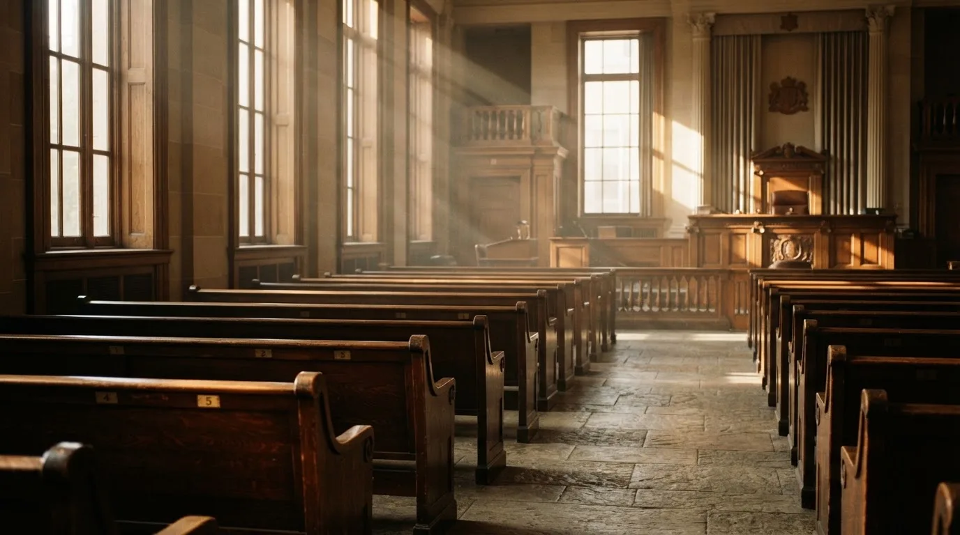 Una sala de tribunal vacía con bancos de madera a la luz de la mañana