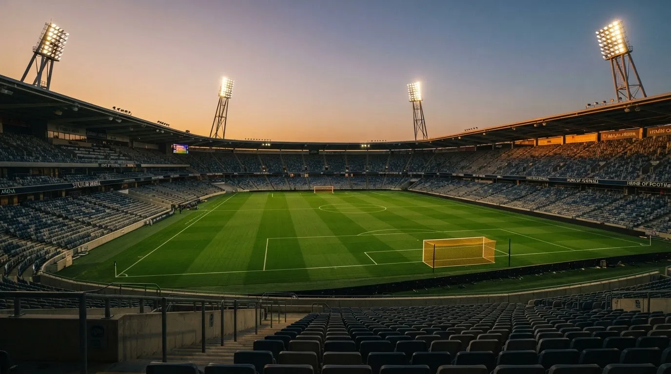 Un estadio de fútbol vacío con torres de iluminación al atardecer