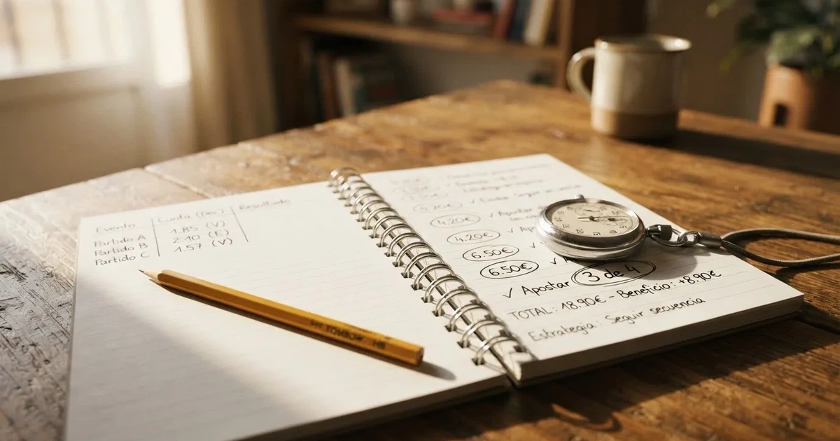 Un cuaderno abierto con un lápiz y un cronómetro sobre una mesa de madera