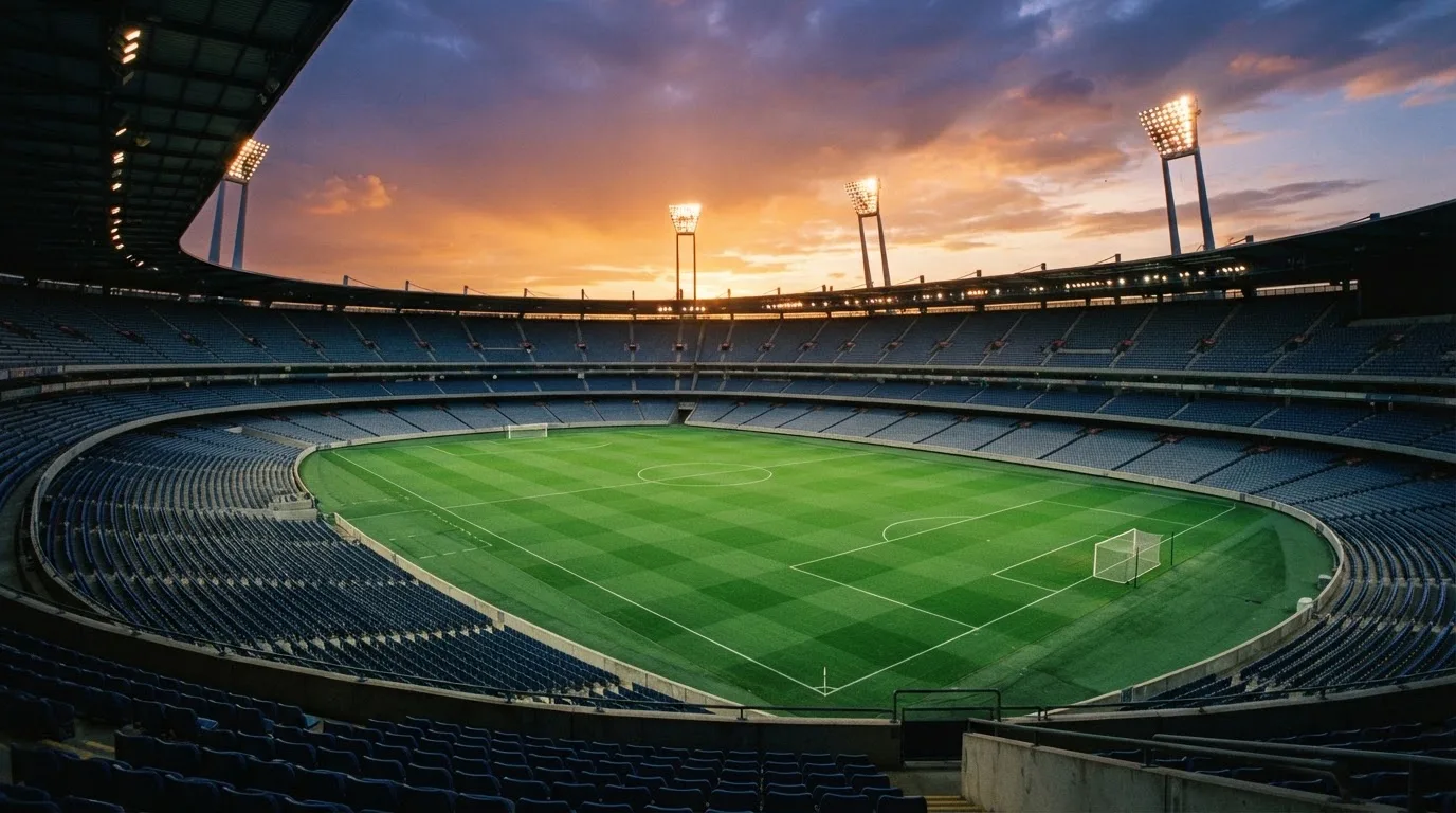 Un estadio de fútbol vacío con torres de iluminación al atardecer