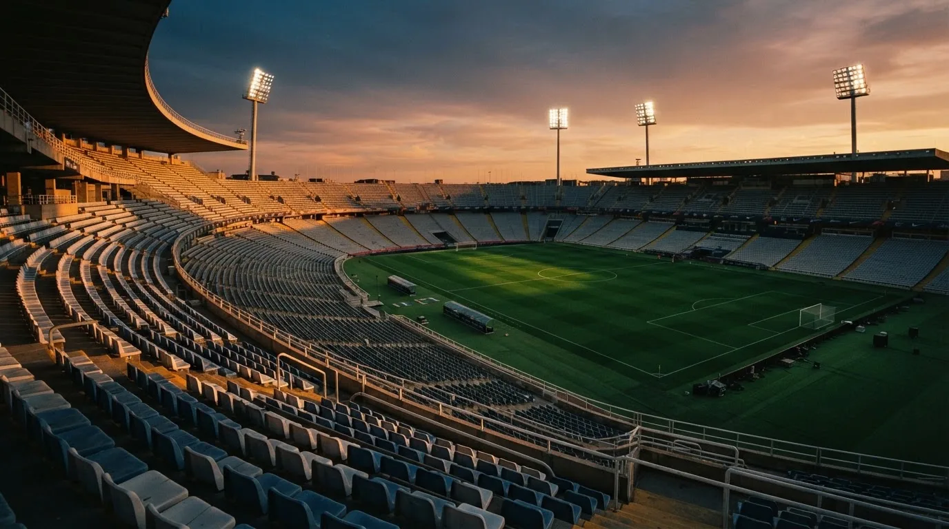Un estadio de fútbol vacío con torres de iluminación al atardecer