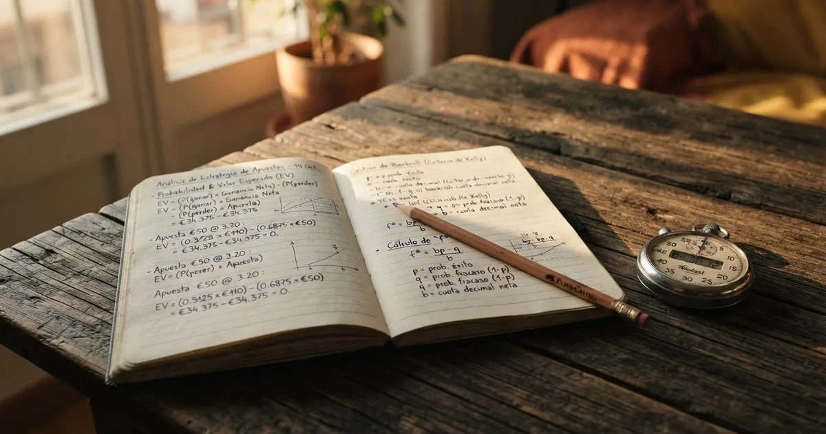 Un cuaderno abierto con un lápiz y un cronómetro sobre una mesa de madera