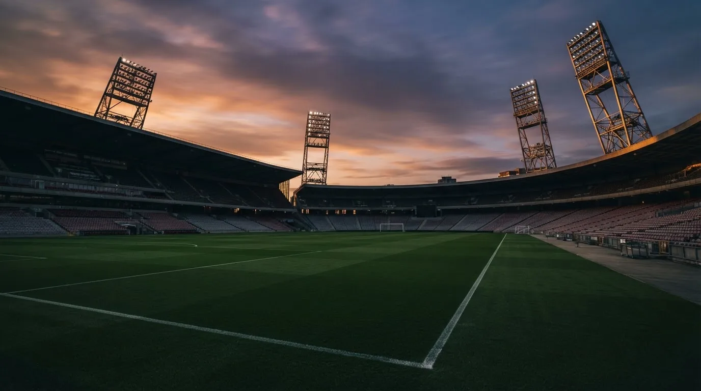 Un estadio de fútbol vacío con torres de iluminación al atardecer
