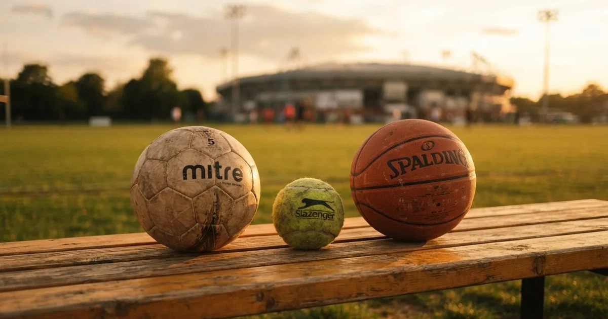 Tres balones de distintos tipos, uno junto a otro, sobre un banco de madera