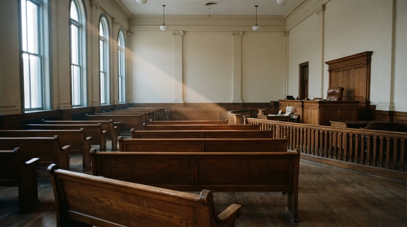 Una sala de tribunal vacía con bancos de madera a la luz de la mañana